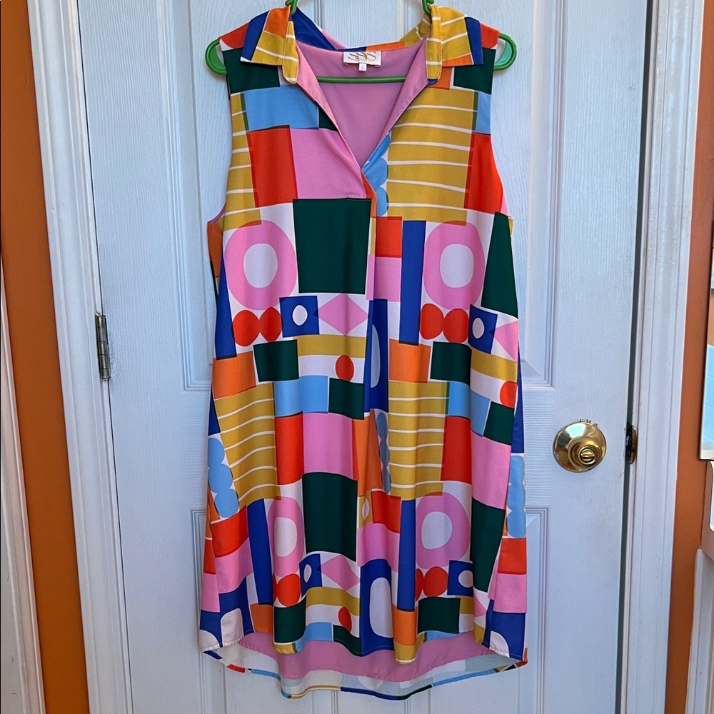 Girls' Sleeveless Pink & Multi Geometric A-Line Dress